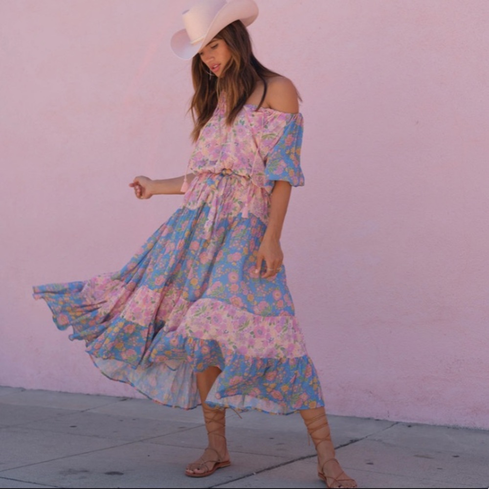 Spell juniper layered tiered pink floral maxi gown dress Small